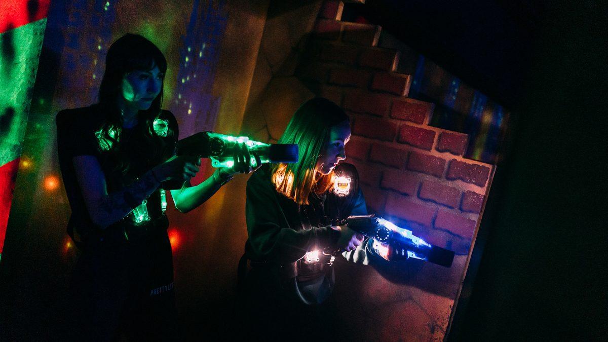 Players in the indoor laser tag arena at Airtastic