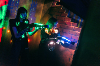 Laser tag two girls with phasers